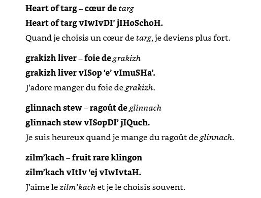Auszug aus dem Buch apprendre le klingon mit vielen unvollständigen Übersetzungen