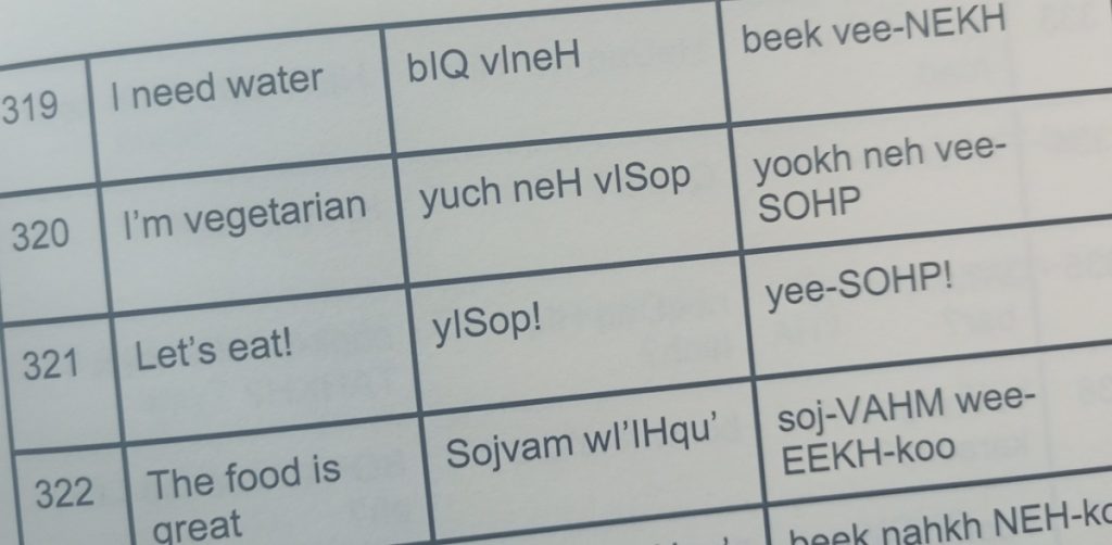 Auszug aus dem Buch: Man sieht eine Tabelle Klingonisch-Englisch und Aussprachhinweise